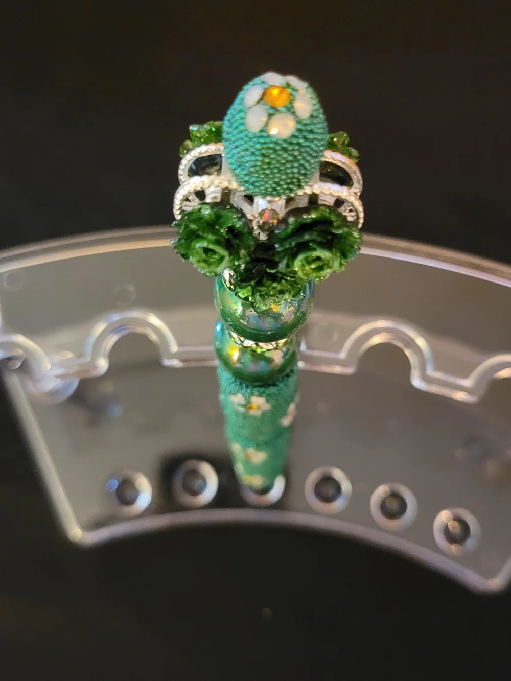 Teal Green Decorative Beaded Pen with Floral Accents